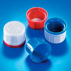 Крышка винтовая Kautex, PP, с защитным кольцом, коническим уплотнением и дегазационной мембраной, бело-красная, Ø 32 мм,  для узкогорлых бутылей объемом 100-1000 мл