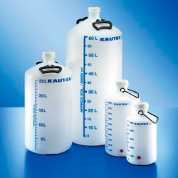 Бутыль Kautex толстостенная 25 л, HDPE, круглая, с синей градуировкой, Ø 50 мм, естественный цвет, с ручками и крышкой, с резьбовым соединением