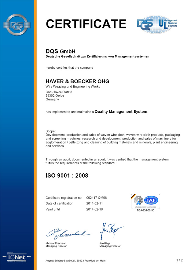 Сертификат Haver & Boecker ISO 9001:2008 Сертификат Haver & Boecker ISO 9001:2008
